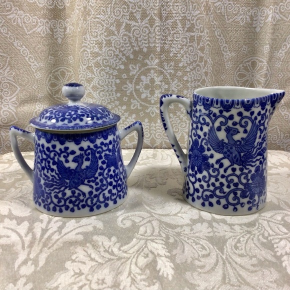 Vintage Nippon Asian Flying Phoenix Angled Handle Covered Sugar and Creamer Set - Picture 3 of 7